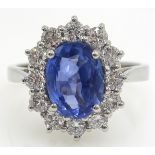 White gold unheated oval sapphire and diamond cluster ring, hallmarked 18ct, sapphire approx 1.