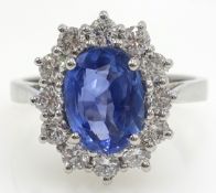 White gold unheated oval sapphire and diamond cluster ring, hallmarked 18ct, sapphire approx 1.