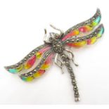 Plique-a-jour and marcasite silver dragonfly brooch,