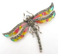 Plique-a-jour and marcasite silver dragonfly brooch,