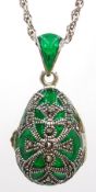 Silver plique-a-jour and marcasite opening egg pendant necklace stamped 925 Condition