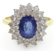 18ct white gold oval sapphire and diamond double cluster ring hallmarked Condition Report