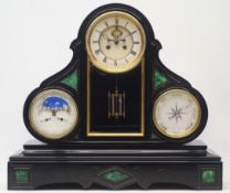 Late 19th century black slate perpetual three dial calendar clock,