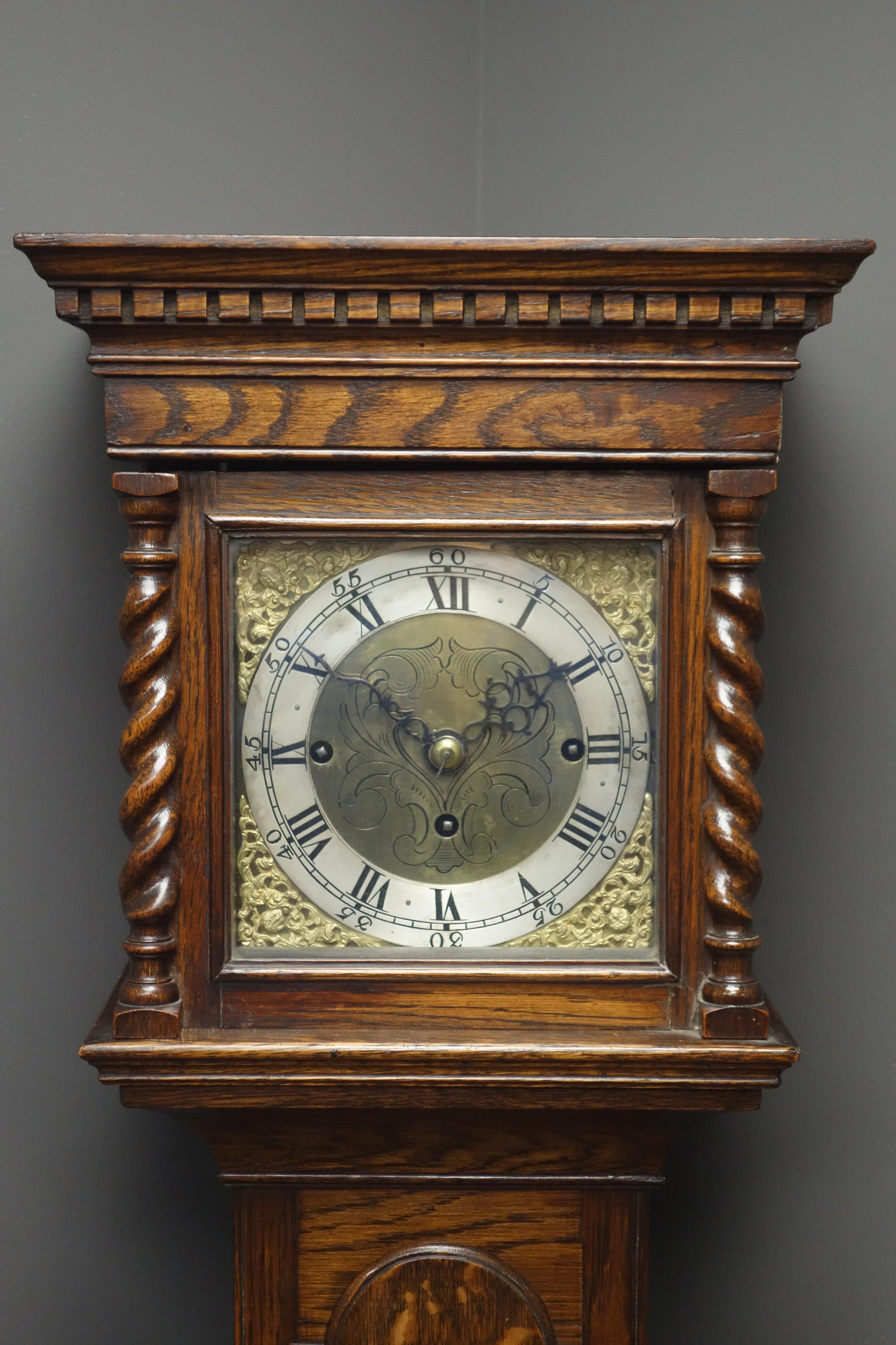 Small early 20th century oak cased longcase clock, barley twist column hood door, - Bild 3 aus 6