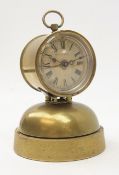 Small late 19th century brass drum alarm clock, circular Roman dial on bell,