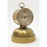 Small late 19th century brass drum alarm clock, circular Roman dial on bell,