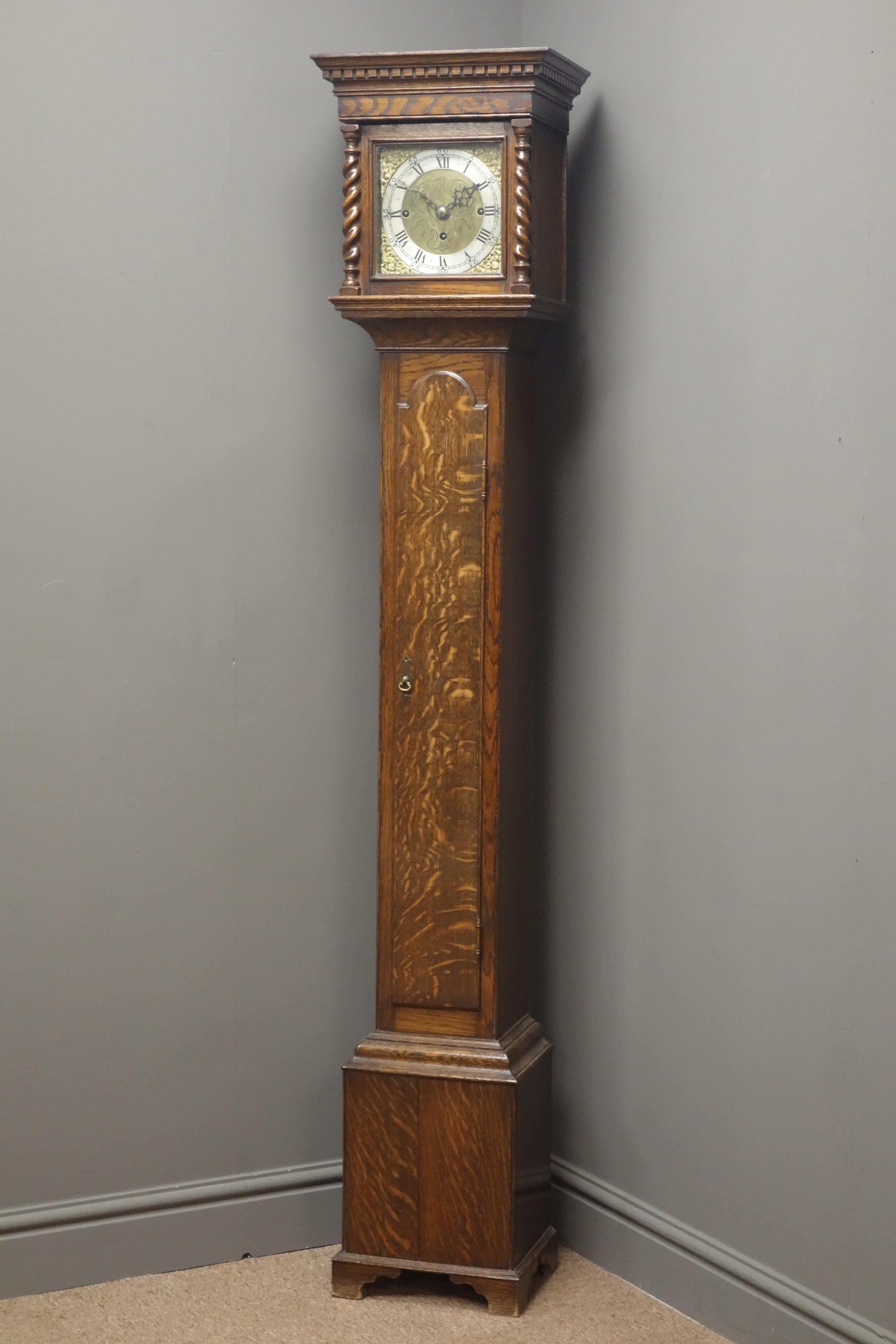 Small early 20th century oak cased longcase clock, barley twist column hood door, - Bild 2 aus 6