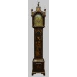 Small 19th century black lacquered and Chinoiserie decorated longcase clock, pagoda hood,