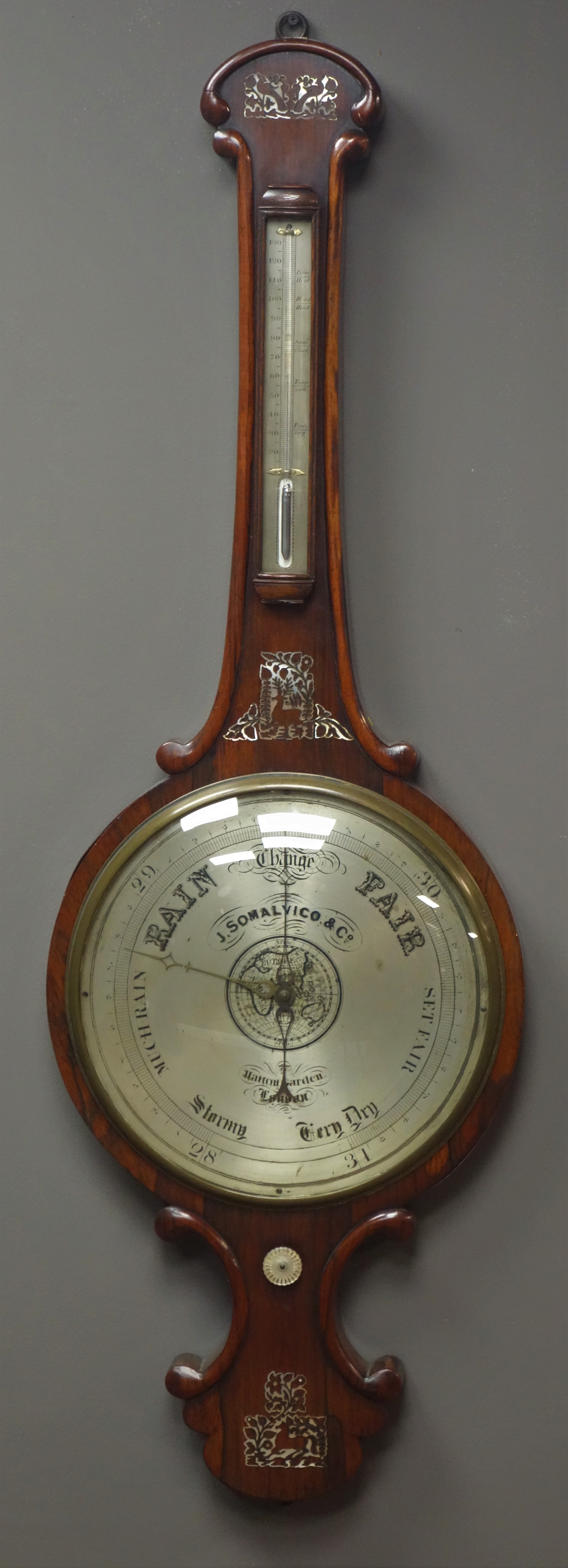 Victorian rosewood mercury barometer with thermometer, 12" silvered dial signed 'J. Somalvico & Co.