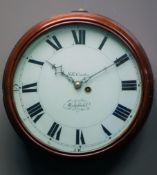 19th century mahogany circular wall clock, enamel dial with Roman chapter ring, signed 'B.E.