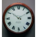 19th century mahogany circular wall clock, enamel dial with Roman chapter ring, signed 'B.E.