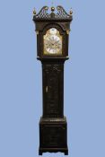 19th century and later oak longcase clock, pierced pediment with finials, stepped arch hood door,