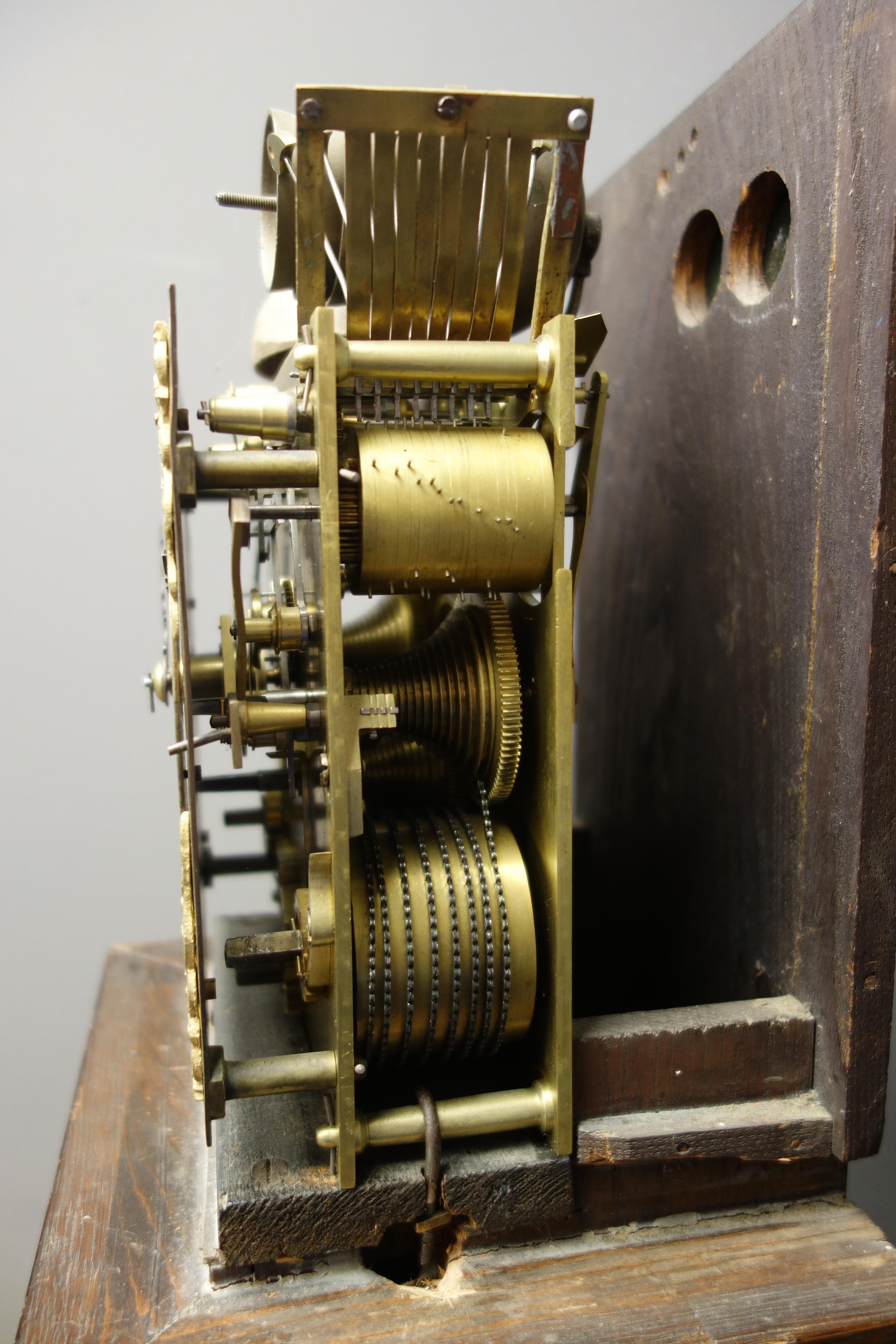 Small early 20th century oak cased longcase clock, barley twist column hood door, - Bild 6 aus 6