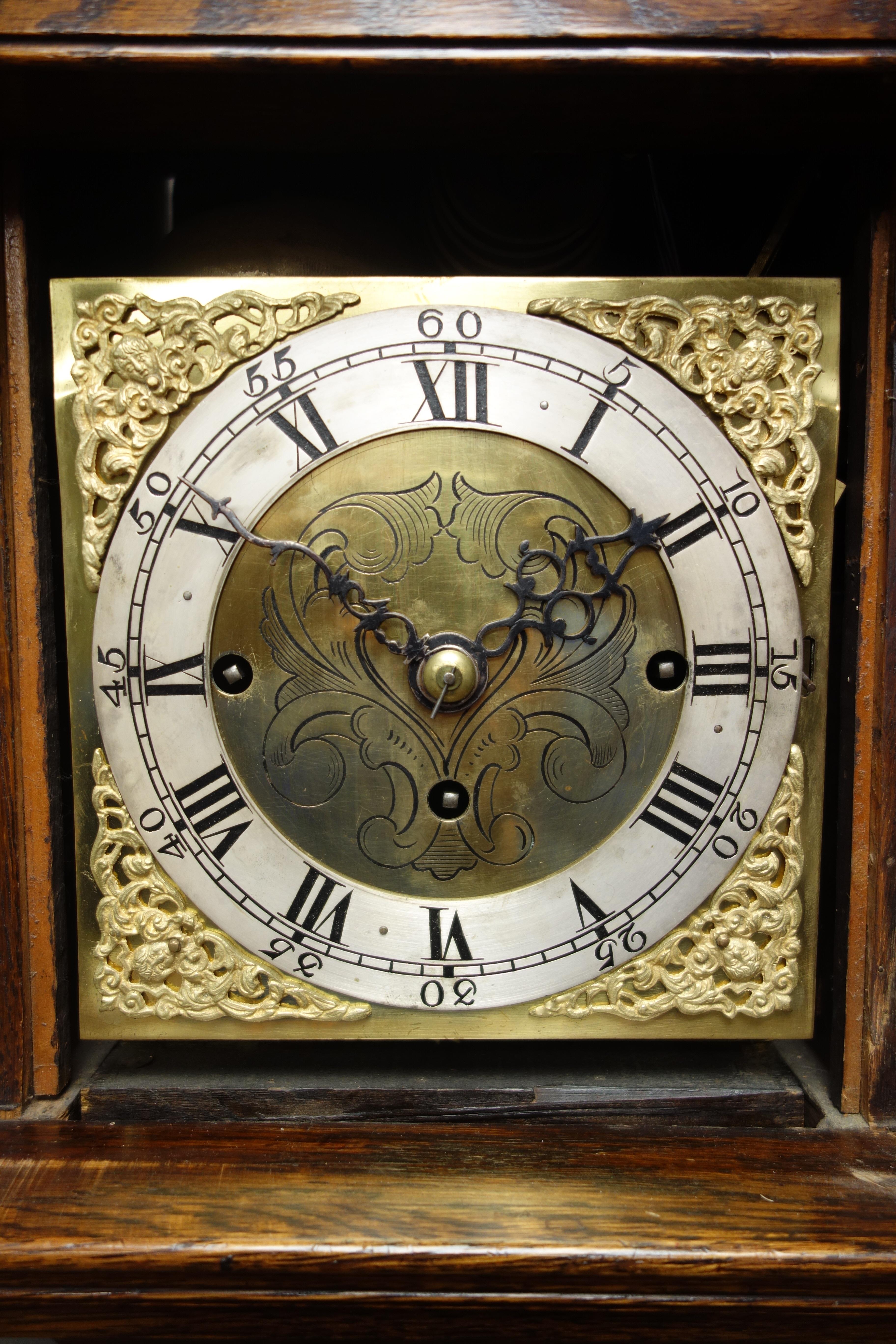 Small early 20th century oak cased longcase clock, barley twist column hood door, - Bild 4 aus 6