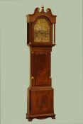 Early 19th century mahogany longcase clock, hood with swan neck pediment and checkered inlays,