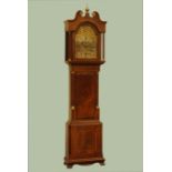 Early 19th century mahogany longcase clock, hood with swan neck pediment and checkered inlays,