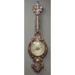 19th century inlaid rosewood wheel barometer, engraved silvered dial signed 'Maspoli' Hull',