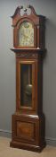 Edwardian mahogany and satinwood banded longcase clock, swan neck pediment, arched glazed door,