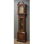 Edwardian mahogany and satinwood banded longcase clock, swan neck pediment, arched glazed door,