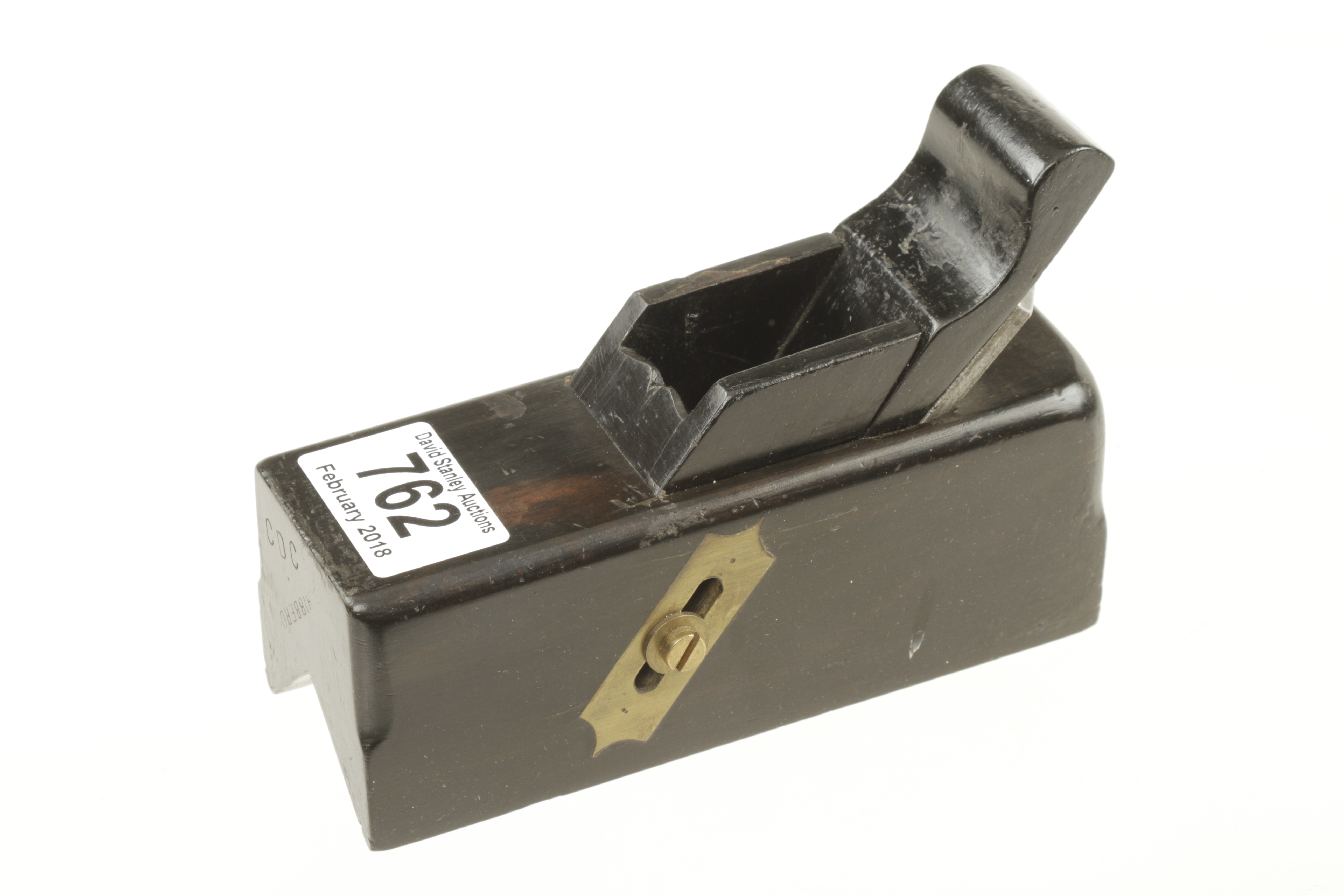 A rare sliding box type chamfer plane in ebony 6" x 2" with brass adjuster G+