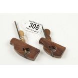 Two miniature lignum compass rebate planes 2 1/2" and 2 1/8" long G++