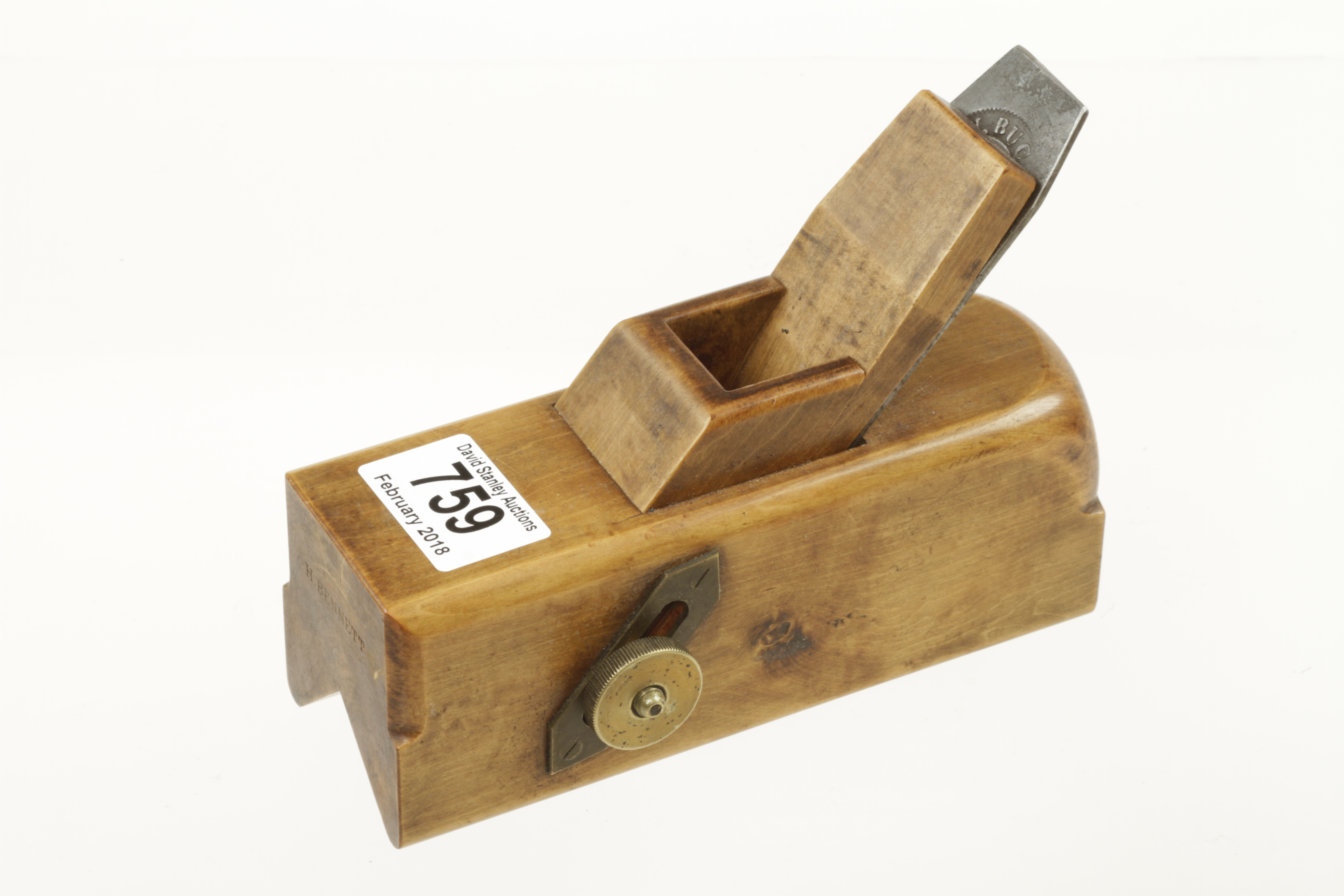 A boxwood sliding box chamfer plane 6 1/2" x 2" with brass screw adjuster and Buck iron G+