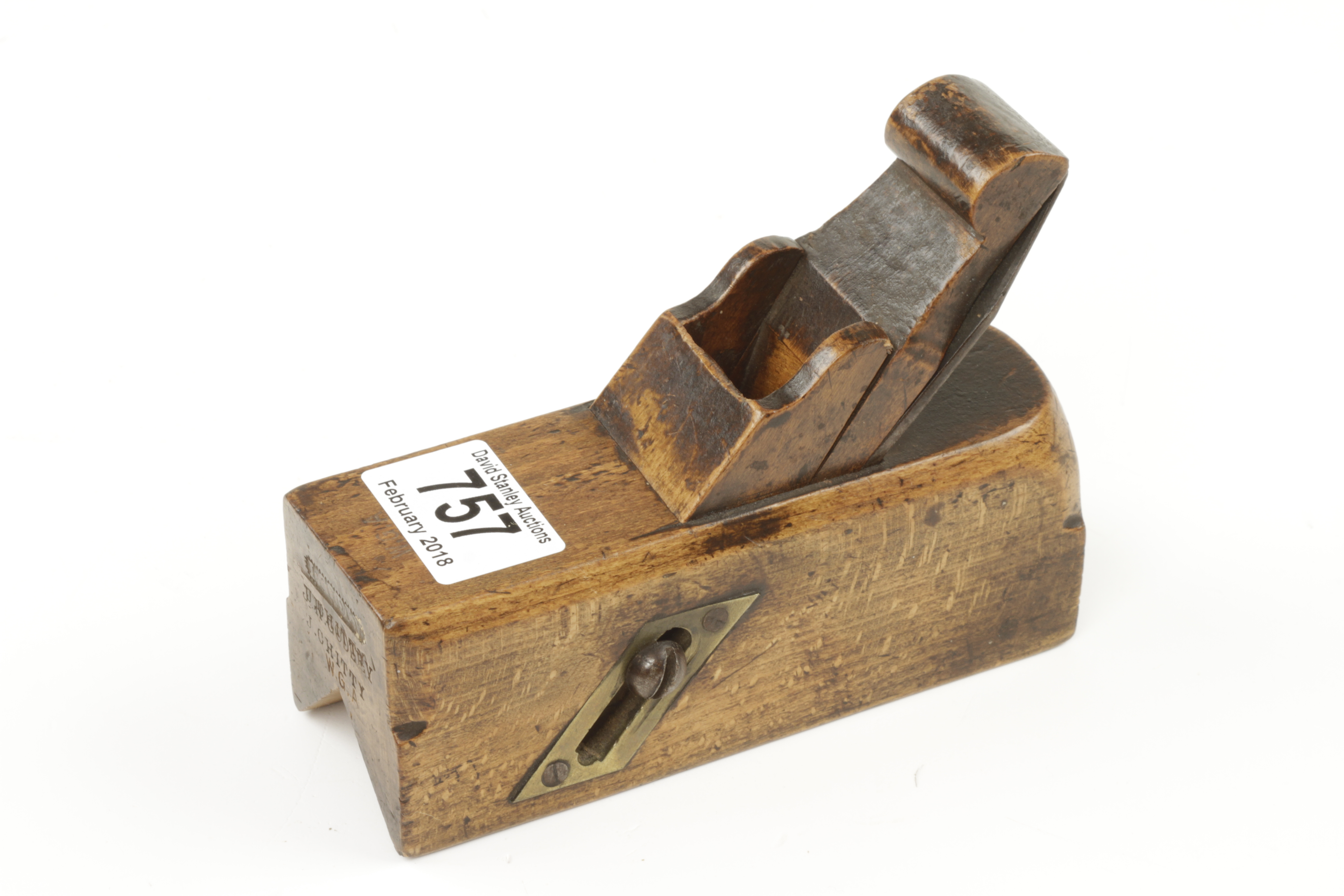 A beech sliding box type chamfer plane with scrolled wedge G+