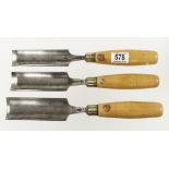 A rare set of 3 little used large gouges by MARPLES 1 1/2" to 2" with orig decal on boxwood handles