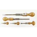 Five boxwood handled turnscrews all named 3" to 14" o/a F