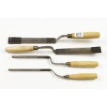 Four patternmakers cranked gouges by different makers with boxwood handles G+