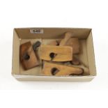 Two boxwood miniature compass rebate planes ( one lacks iron) and two beech miniature planes ( one