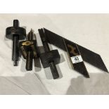 Three mortice gauges and a mitre square G+