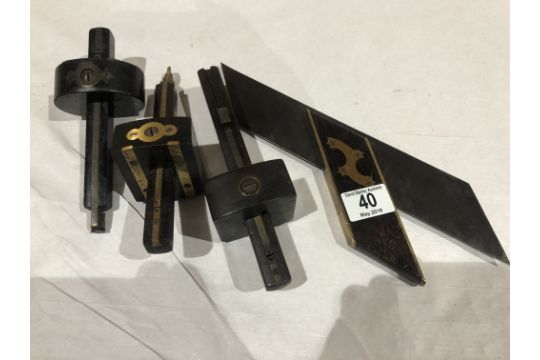 Three mortice gauges and a mitre square G+