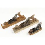 Three wood bottom planes (soles have been planed) by STANLEY and SARGENT G