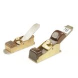 Two owner made brass block planes with d/t steel soles and brass levers 5 1/2" x 2" and 6" x 1 1/2"