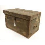 An unusual pine box with part drop down front and lift out tray covered in canvas and with steel