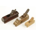 A mahogany chamfer plane with full length fence and two other chamfer planes G+