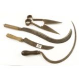 Three hand scythe and a pair of shears etc G