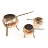 Two copper glue pots on tripod legs both lack internal pot and another G-