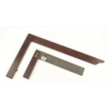 A 27 1/2" mahogany try square with shaped end and a 17" rosewood and brass square G+