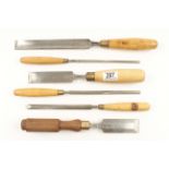 Two bevel edge chisels and four gouges G+