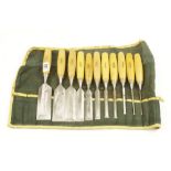 A fine set of 11 recent bevel edged boxwood handled chisels by MARPLES 1/8" - 2" in roll G++