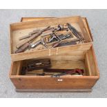 A pine chest with lift out tray with a few tools G