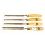 Four long bevel edge paring gouges by MARPLES 1/2" to 1" with boxwood handles F