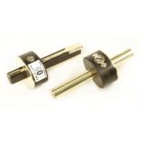 Two ebony and brass full faced mortice gauges with round and square stems G+