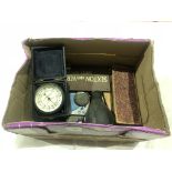 A box of bygone items including a Hoppus Practical Measurer G