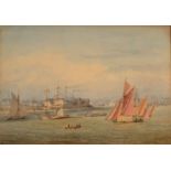 19th century English School Laden Hay Barges and Other Shipping Watercolour Initialed C B 23 x