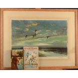 PETER SCOTT Widgen Flying Low Signed print Together with two Peter Scott books