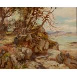 WILLIAM STEWART MACGEORGE Children on coastal rocks near Kirkcudbright Oil on canvas 40 x 50cm