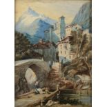 JAMES WALSHAM BALDOCK Alpine Town Watercolour Signed and inscribed and dated 1845 to a label on